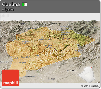 Satellite 3D Map of Guelma, semi-desaturated