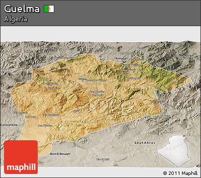 Satellite 3D Map of Guelma, semi-desaturated