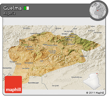 Satellite 3D Map of Guelma, shaded relief outside