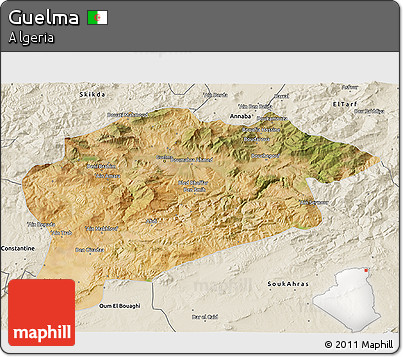 Satellite 3D Map of Guelma, shaded relief outside