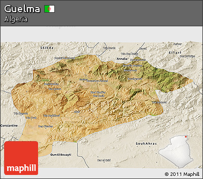 Satellite 3D Map of Guelma, shaded relief outside