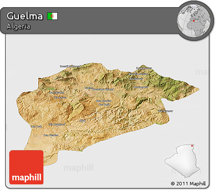 Satellite 3D Map of Guelma, single color outside