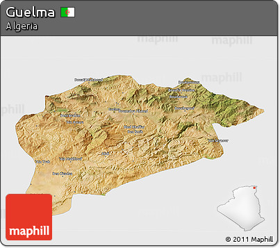 Satellite 3D Map of Guelma, single color outside