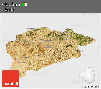 Satellite 3D Map of Guelma, single color outside