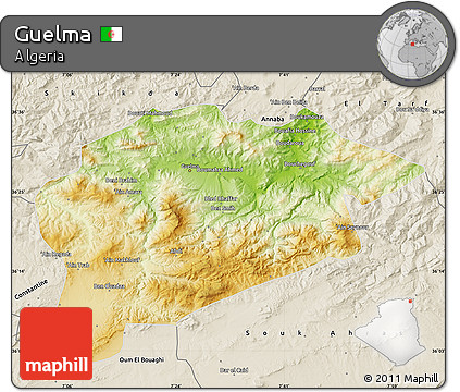 Physical Map of Guelma, shaded relief outside