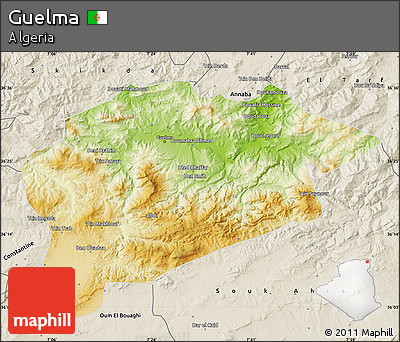 Physical Map of Guelma, shaded relief outside