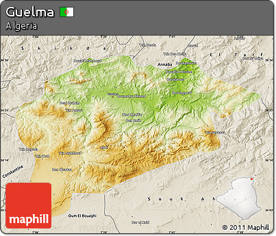 Physical Map of Guelma, shaded relief outside