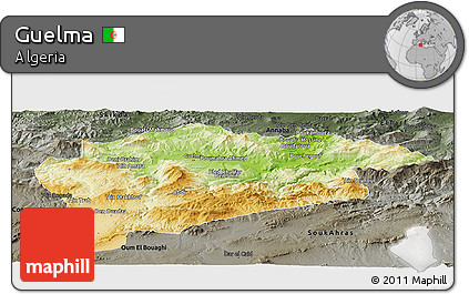 Physical Panoramic Map of Guelma, darken, semi-desaturated
