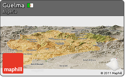 Satellite Panoramic Map of Guelma, semi-desaturated