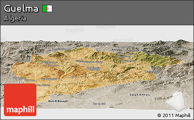 Satellite Panoramic Map of Guelma, semi-desaturated