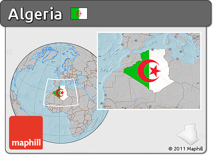 Flag Location Map of Algeria, gray outside, hill shading outside