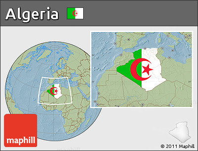 Flag Location Map of Algeria, savanna style outside, hill shading outside
