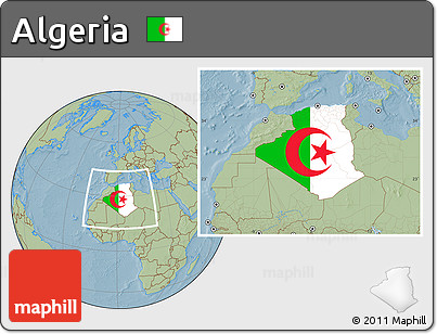 Flag Location Map of Algeria, savanna style outside, hill shading outside