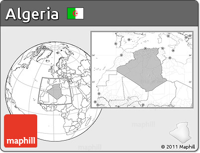 Gray Location Map of Algeria, blank outside, hill shading inside