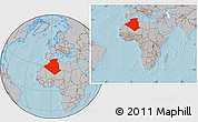 Gray Location Map of Algeria, within the entire continent, hill shading