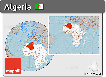 Gray Location Map of Algeria, highlighted continent, within the entire continent, hill shading