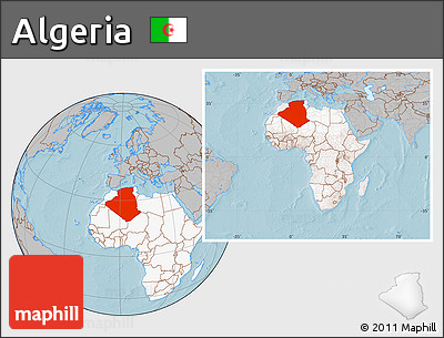 Gray Location Map of Algeria, highlighted continent, within the entire continent, hill shading