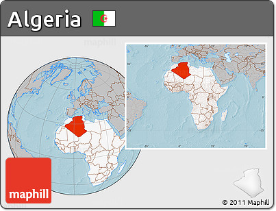 Gray Location Map of Algeria, highlighted continent, within the entire continent, hill shading
