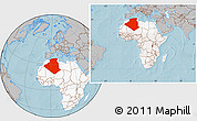 Gray Location Map of Algeria, highlighted continent, within the entire continent, hill shading