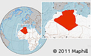 Gray Location Map of Algeria, highlighted continent, hill shading