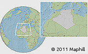 Gray Location Map of Algeria, savanna style outside, hill shading outside