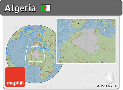 Gray Location Map of Algeria, savanna style outside, hill shading