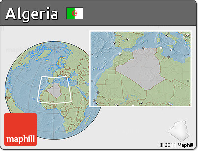 Gray Location Map of Algeria, savanna style outside, hill shading