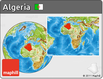 Physical Location Map of Algeria, within the entire continent