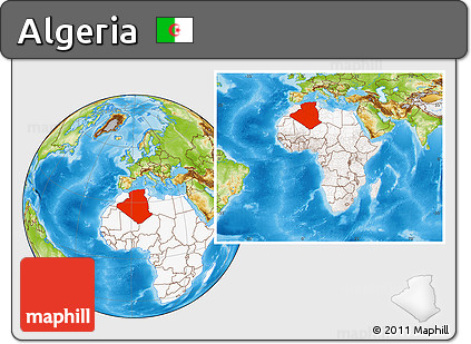 Physical Location Map of Algeria, highlighted continent, within the entire continent