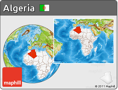 Physical Location Map of Algeria, highlighted continent, within the entire continent