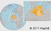 Political Location Map of Algeria, gray outside, hill shading