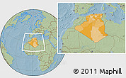 Political Location Map of Algeria, savanna style outside, hill shading