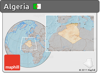 Satellite Location Map of Algeria, gray outside, hill shading