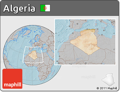 Satellite Location Map of Algeria, gray outside, hill shading