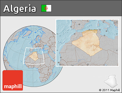 Satellite Location Map of Algeria, gray outside, hill shading