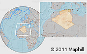 Satellite Location Map of Algeria, gray outside, hill shading