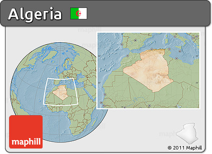 Satellite Location Map of Algeria, savanna style outside, hill shading