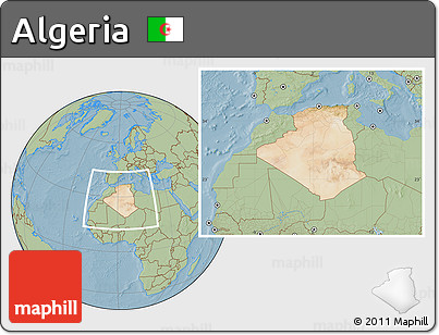Satellite Location Map of Algeria, savanna style outside, hill shading