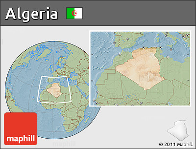 Satellite Location Map of Algeria, savanna style outside, hill shading
