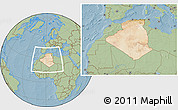 Satellite Location Map of Algeria, savanna style outside, hill shading