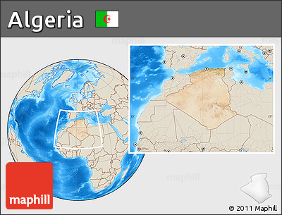 Satellite Location Map of Algeria, shaded relief outside