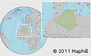 Savanna Style Location Map of Algeria, gray outside, hill shading inside