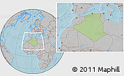 Savanna Style Location Map of Algeria, gray outside, hill shading outside