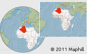 Savanna Style Location Map of Algeria, highlighted continent, within the entire continent, hill shading