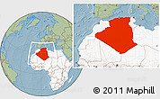 Savanna Style Location Map of Algeria, highlighted continent, hill shading