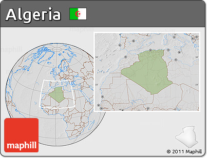Savanna Style Location Map of Algeria, lighten, desaturated, hill shading