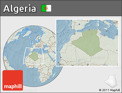 Savanna Style Location Map of Algeria, lighten, land only, hill shading