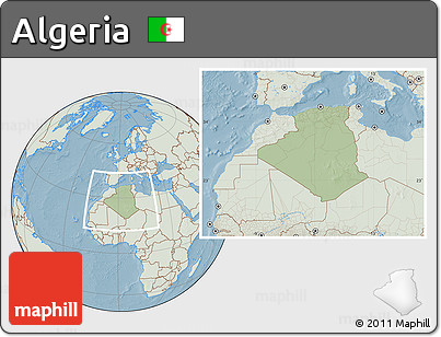 Savanna Style Location Map of Algeria, lighten, land only, hill shading