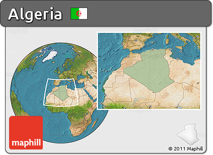 Savanna Style Location Map of Algeria, satellite outside, hill shading