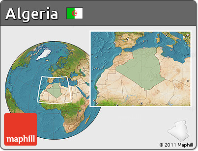 Savanna Style Location Map of Algeria, satellite outside, hill shading